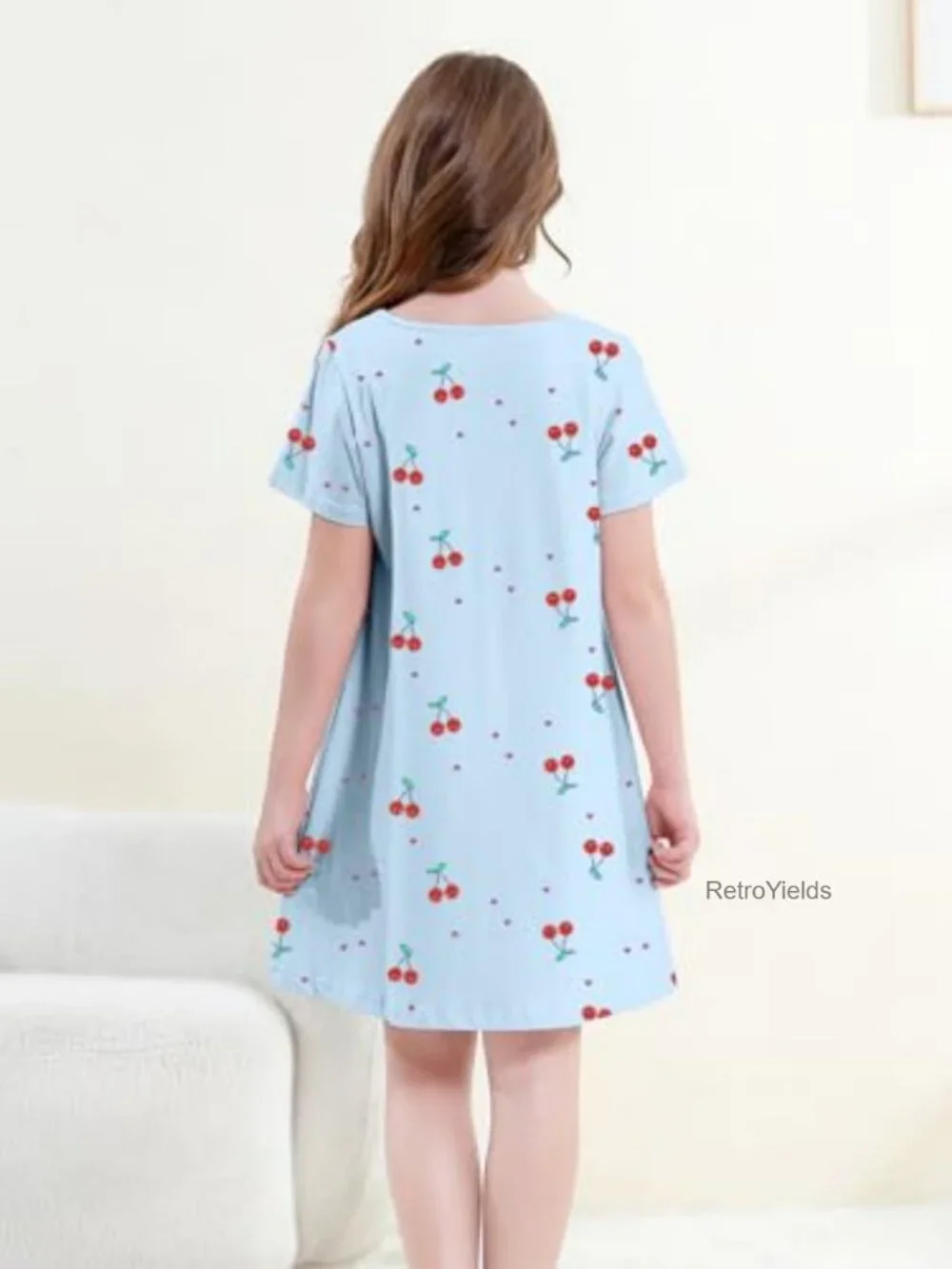 Girls Cotton Nightgown Short Sleeve Sleep Shirt Knee Length